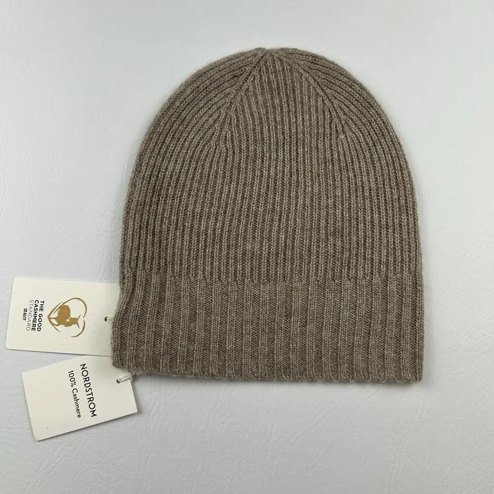 Nordstrom 100% Cashmere Rib Knit Beanie Hat Taupe One Size Soft Luxury NWT